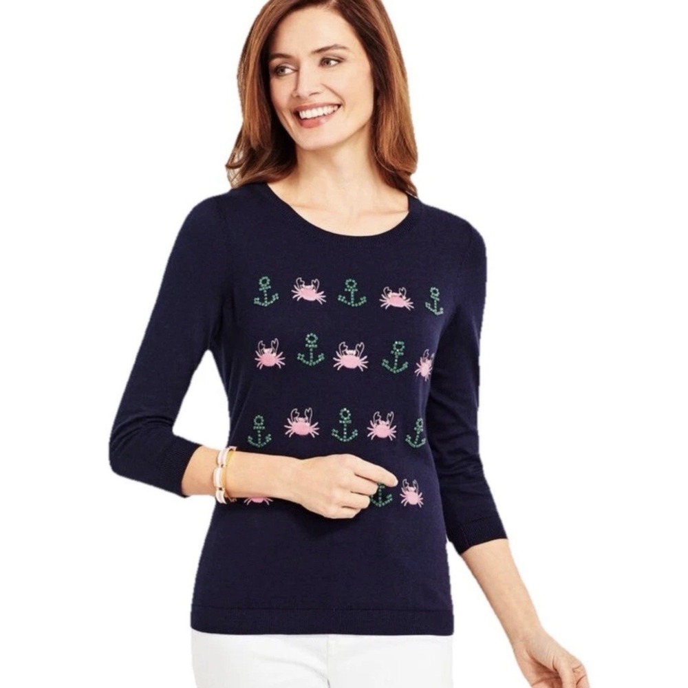 Talbots Crab Anchor 3/4 Sleeve Sweater Med Nautical Coastal Grandma Rhinestone